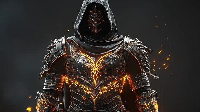 A mysterious warrior in dark armor with glowing orange accents stands against a smoky background