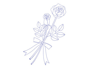 万年筆で描いたような二本のバラの花のイラストリボンつき　白塗り