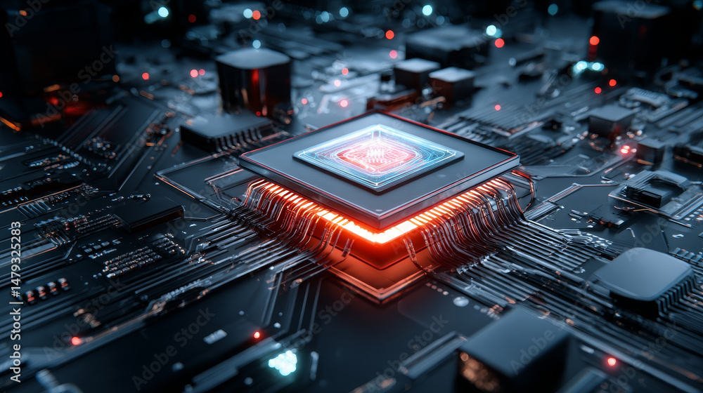 Poster processor with integration ai. ai letters on chip. cpu connected to motherboard . artificial intelli