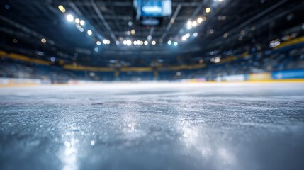 Empty ice rink with a smooth surface, viewed from the stands, under soft lighting. A serene and minimalist sports moment.
