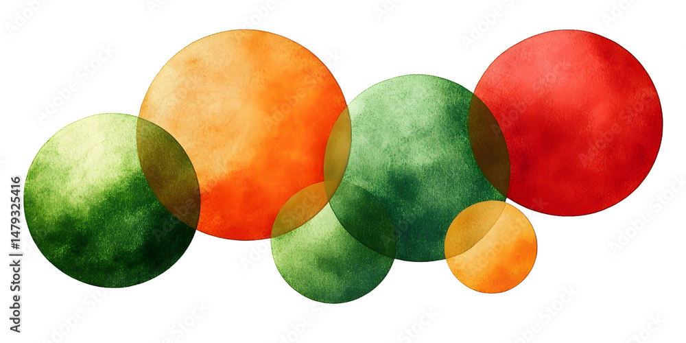 Poster Watercolor abstract circles in vibrant green red and orange showcasing a playful interplay of color and form emphasizing artistic expression and creativity in visual design