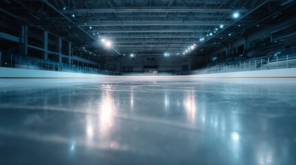 Obraz premium Empty ice rink with a smooth surface, viewed from the stands, under soft lighting. A serene and minimalist sports moment. 