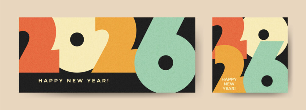 Collection of stylish 2026 Happy New Year banners in retro aesthetic. Trendy minimal backgrounds with bold numbers and vintage colors. Ideal for holiday decor, printables, and invitations