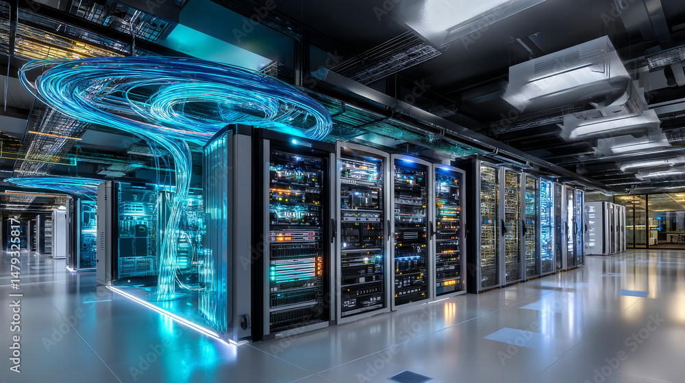 Poster data center abstract background. interior of server room. digital information warehouse. web hosting