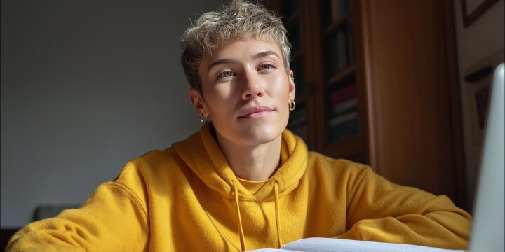 Focused non binary student studying at home with laptop for online learning and education