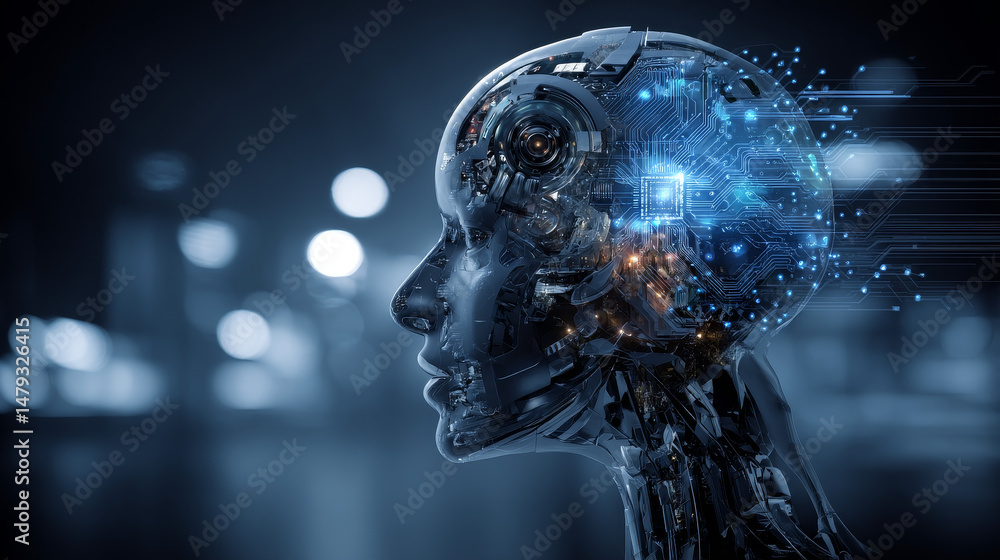 Poster artificial intelligence analyzes abstract information and digital data on a virtual graphical interf