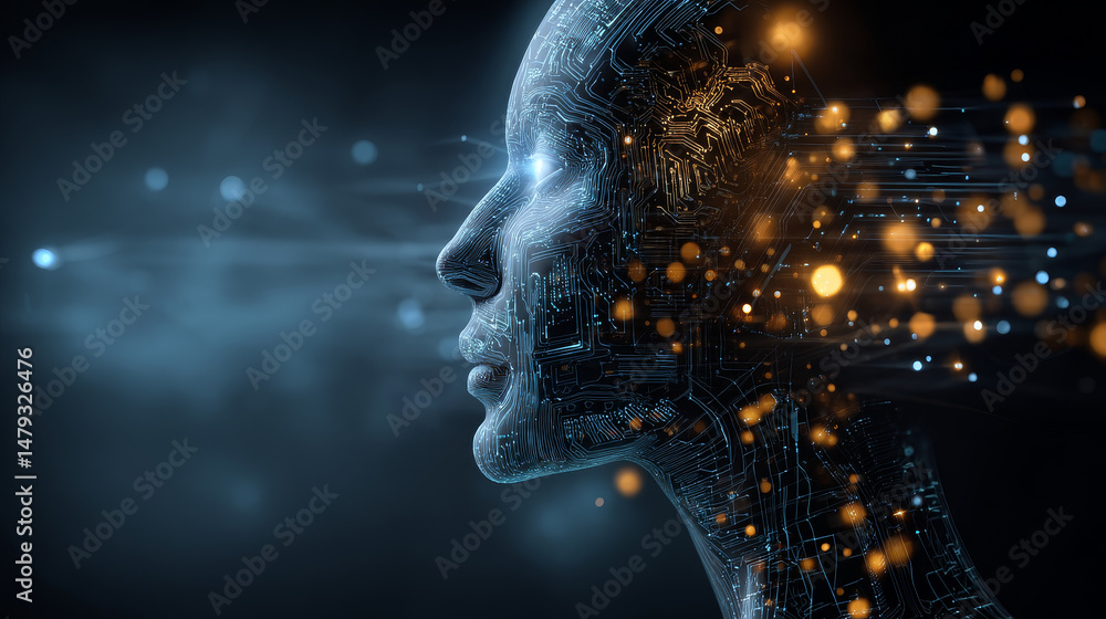 Poster artificial intelligence analyzes abstract information and digital data on a virtual graphical interf