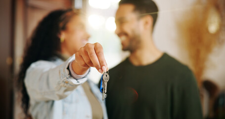 Couple, hand and keys with new home, moving in and finance investment together. Excited man, woman...