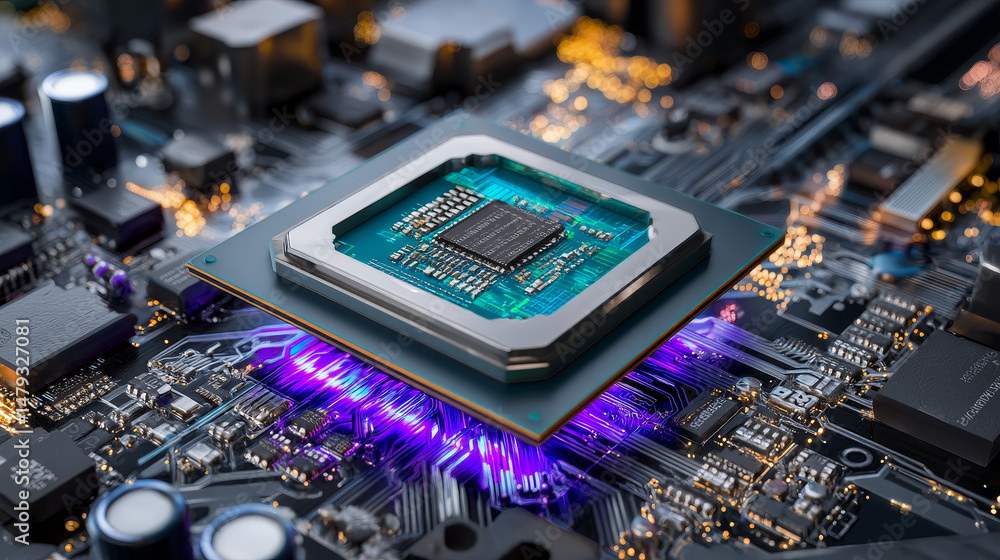 Poster cpu. abstract digital chip computer processor and electronic components on motherboard or circuit bo