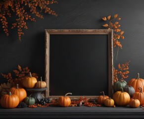 Elegant black chalkboard with carved pumpkins, autumn leaves, and berries arranged artfully ,  harvest,  halloween