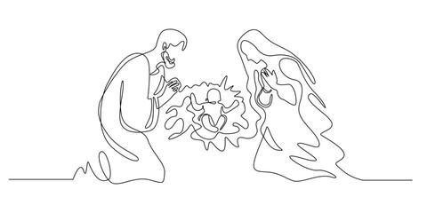 continuous line drawing of the birth of jesus christ. single line drawing of joseph and mary kneeling beside baby jesus. line art drawing of the birth of jesus in straw in a stable
