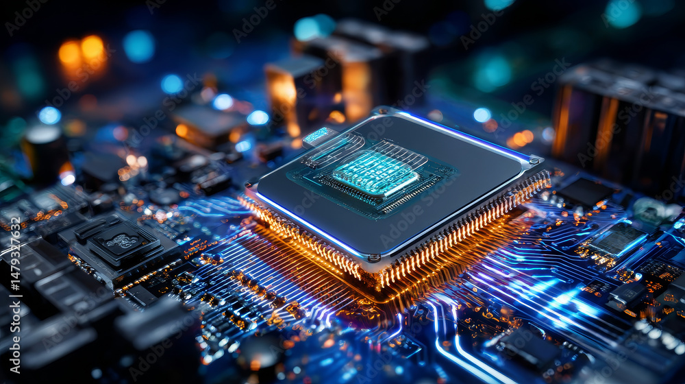 Poster cpu. abstract digital chip computer processor and electronic components on motherboard or circuit bo