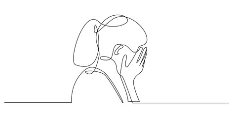 continuous line of sad woman covering face with hands.single line vector illustration,depressed woman,sad expression,regret