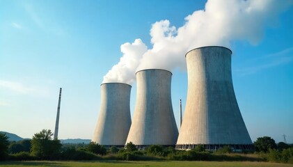 Large industrial cooling towers against a blue sky Heat dissipation, energy production, power plant, industrial landscape , concrete, engineering