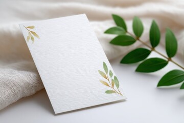 Minimalist wedding invitation mockup on textured handmade paper, surrounded by olive branches and linen napkin, soft natural daylight, 