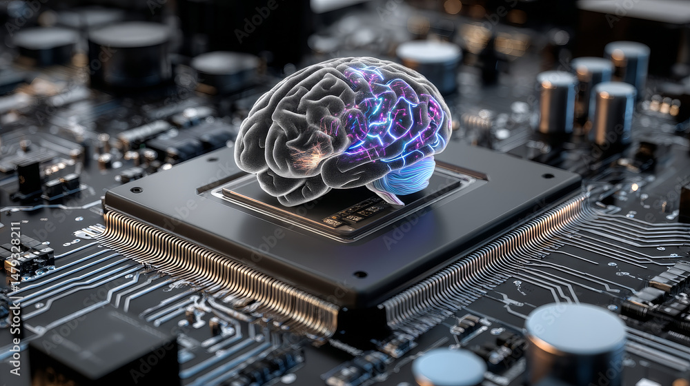 Poster cpu. abstract digital chip computer processor and electronic components on motherboard or circuit bo