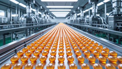 Rows of orange capsules on a conveyor belt in a pharmaceutical production factory environment.