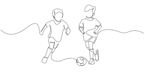 continuous line of children playing soccer happily.single line drawing for competition,soccer school,championship.line art vector illustration