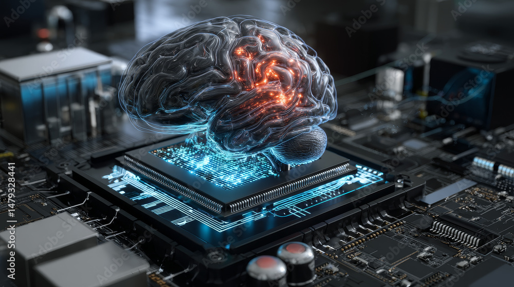 Poster computer cpu chip or processor on motherboard processes data. electronic microchip technology. abstr