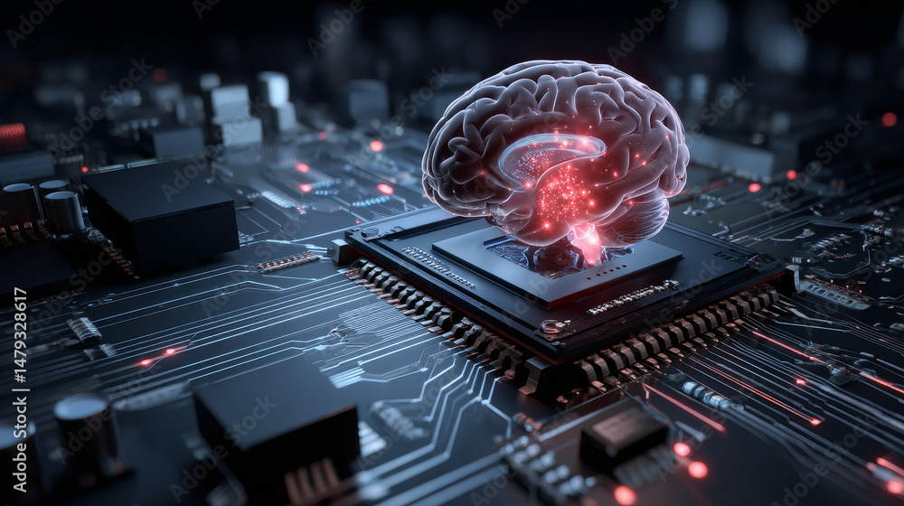 Poster computer cpu chip or processor on motherboard processes data. electronic microchip technology. abstr