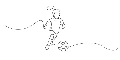 continuous line of girl playing soccer.single line drawing for competition,soccer school,championship.line art vector illustration