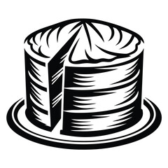 Stylized black and white cake with a slice removed on a plate