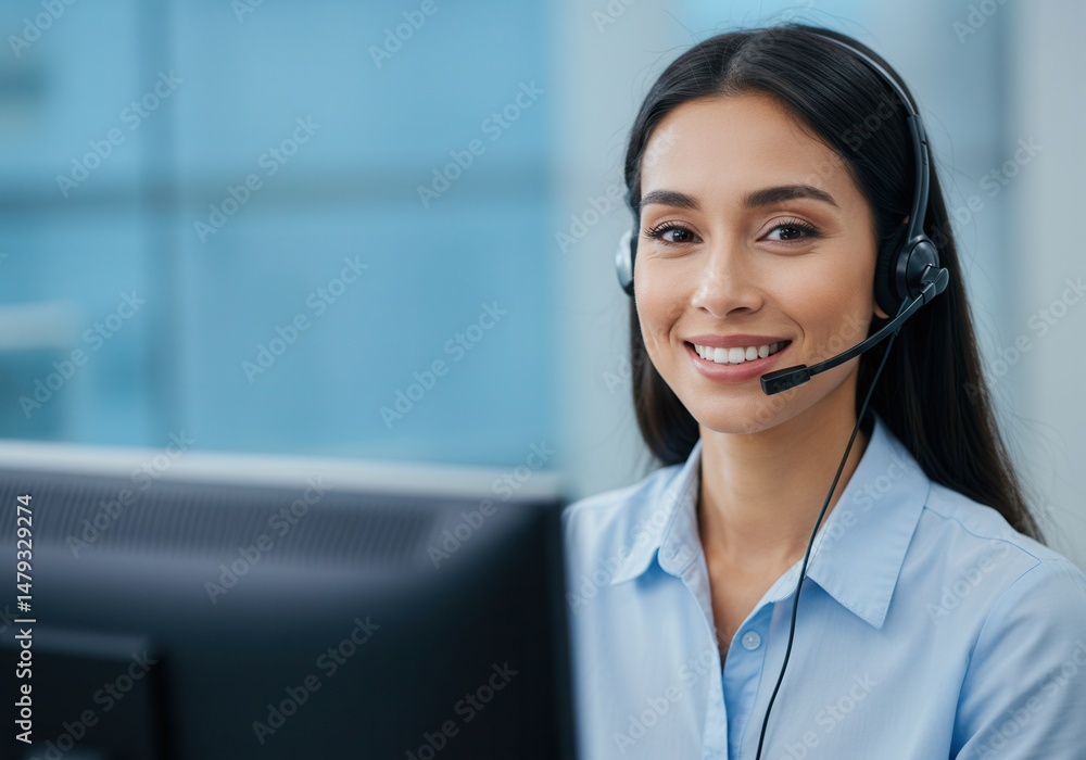 Poster smiling woman with headset working at computer in a call center environment