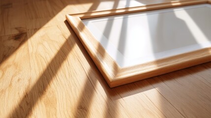 Empty wooden frame on oak floor, morning light casting shadows. Minimalism and space for imagination.
