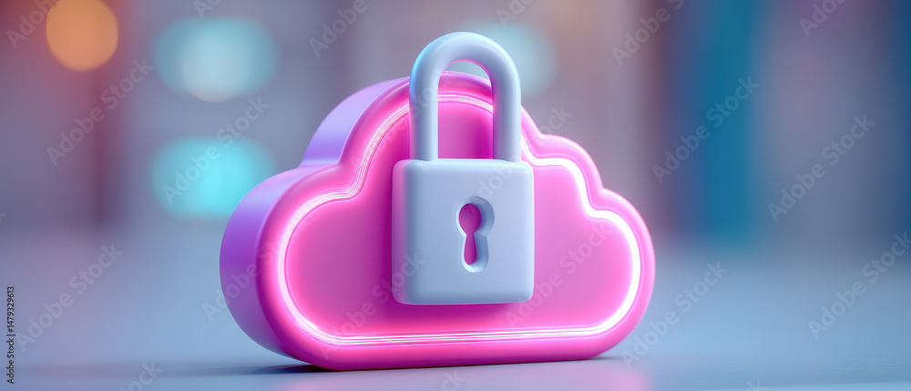 Poster vibrant cloud symbol with padlock represents cybersecurity advancement technology, ensuring data pro