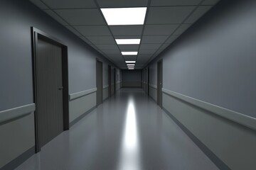 Long, dimly lit hallway with doors on either side