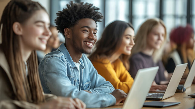 Diverse group of happy university students using laptops, smiling and learning new skills during a computer science lesson in the classroom
