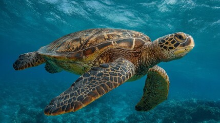 Fototapeta premium Endangered Hawaiian Green Sea Turtle gliding through ocean waters, a serene glimpse of marine conservation in action 