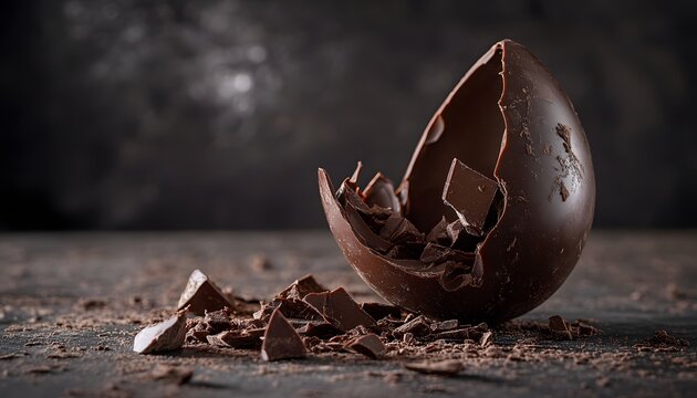 Broken chocolate egg with scattered pieces on dark surface.