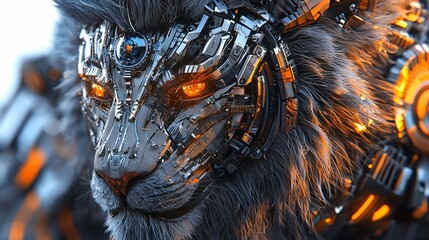 Futuristic robotic lion with intense glowing orange eyes and complex metal design