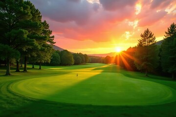 Scenic golf course at sunrise, lush green fairways, clouds, majestic