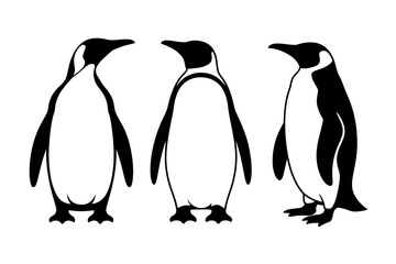 Three emperor penguins standing black and white art © Apon