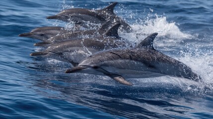 Obraz premium Oceanic dolphins leaping in a coordinated group.