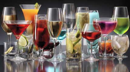 3d realistic vector icon. big collection of full glasses, vine, champagne, martini,margarita.