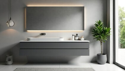 Sleek gray floating bathroom vanity with sleek lines, cabinet, modern vanity, small space