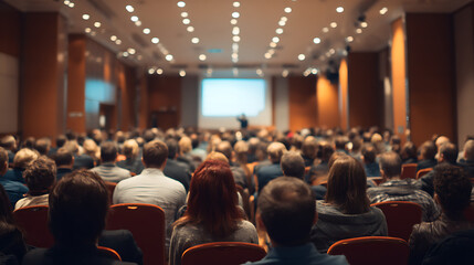 Conference hall with rows of people from behind, focused on speaker giving a presentation 