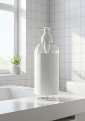 Fototapeta premium Clear pump bottle on white countertop