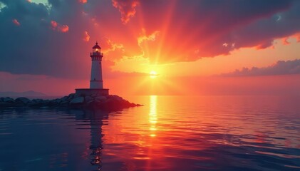Sun rising over calm sea, beacon silhouetted against vibrant sky , hope, glow, horizon