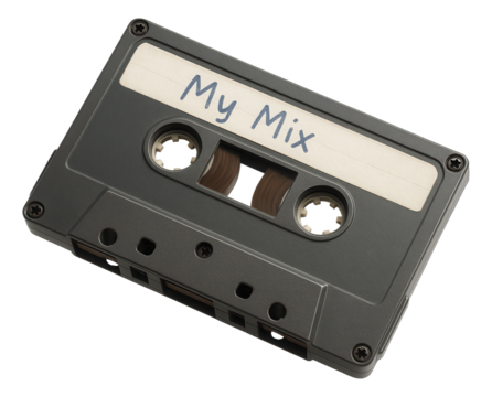 Vintage audio cassette tape labeled "My Mix" with visible tape reels on transparent background.