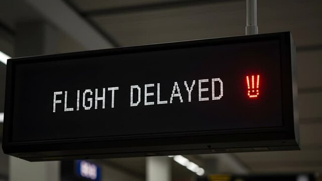 Display Showing Flight Delayed Message at Transportation Hub Terminal