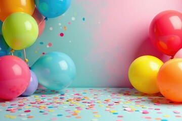 Vibrant rainbow balloons and confetti scattered on a table, festive party backdrop , shiny, fun, party supplies