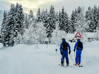 Skiing in winter in Vestland, Norway. Ski sports, hikers.