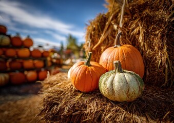Vibrant pumpkins on straw under a bright blue sky.