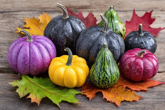 Colorful pumpkins and gourds on autumn leaves. - Powered by Adobe