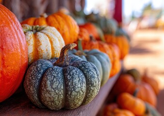 Variety of colorful pumpkins on display at a market.