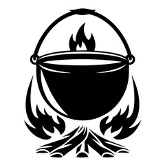 Black and White Camping Cauldron Boiling over Fire with Handle graphic design